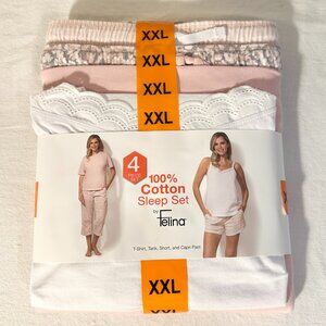 Felina Women's 4 Piece 100% Cotton Sleep Pajama Set, Tee Tank Short Capri Pant